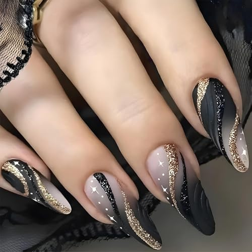 Kinretixia 24 pieces press-on nails in almond shape, shiny, fully covering, pointed, almond black acrylic artificial nails with golden lines, acrylic nails for pressing on