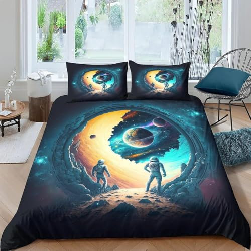 3D Bettbezug Bettwäsche Set - Astronauten-Weltraum 135X200 cm Drucken Erwachsene Kinder Bettwäsche-Set, Mikrofaser Weiche Bettbezug Mit Reißverschluss Und 2 Kissenbezüge - Anti-Allergi -5821282658494