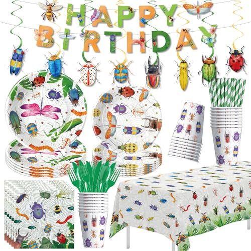 Xenorik Bug Birthday Party Decorations for Kids, Garden Nature Themed Insect Party Supplies for Birthday Baby Shower, Paper Plates, Cups, Napkins, Banner, Swirls, Tablecloth, Cutlery, Serves 24 | For Kids' Birthday Baby Shower, Disposable Paper Plates, Cups, Napkins, Banner, Swirls, Tablecloth, Cutlery, Serves 24