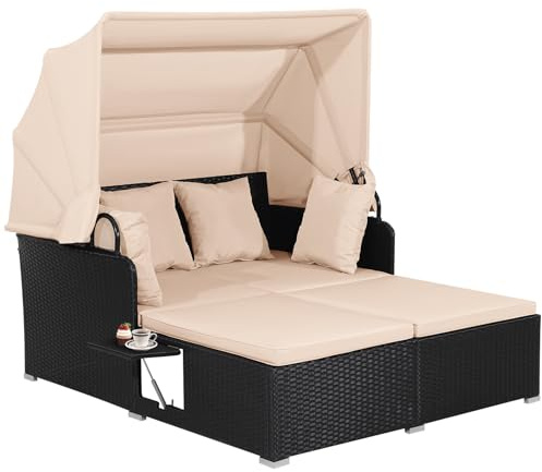 GIANTEX Lettino da Esterno in Rattan, Set di Divani da Patio con Tettuccio Retrattile e 2 Tavolini, Lettino da Esterno con Morbidi Cuscini e Ampia Superficie di Sdraio, 3 Colori (Beige)