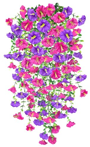 Epaing 2PCS Artificial Hanging Flowers, Artificial Plants Flowers Outdoor, Fake Petunia UV Resistant Artificial Trailing Plants for Hanging Baskets for Home Garden Indoor Outdoor Decor(Rose Purple)