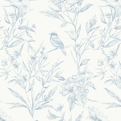 LiKiLiKi Self Adhesive Wallpaper Beige and Blue Floral Vinyl Wrap 44x300 cm Sticky Back Plastic Roll for Bathroom Living Room Furniture Peel and Stick Cupboard Removable Waterproof Renter Friendly