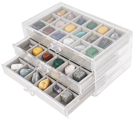 Dmnnlp Rock Vitrine, Acryl Rock Sammelbox, 3 Etagen 54 Fächer(3x3.5cm), Aufbewahrungsbox mit Fächern für Kleine Sammlerstücke, Fossil Kristalle, Edelsteine, Steine (Grau 3)
