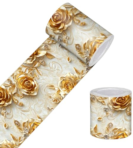 HOMETITUTE Peel and Stick Wallpaper Border 4x196in Gold Rose Pattern