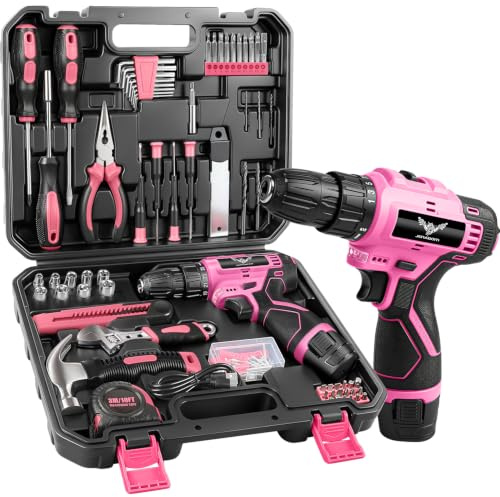 JENABOM Pink Tool Set - 12V Cordless Drill Kit, 151 Piece Home Tool Set With Power Drill, Tool Kits for Men & Women, Perfect for Homeowner, Diyer, Handyman