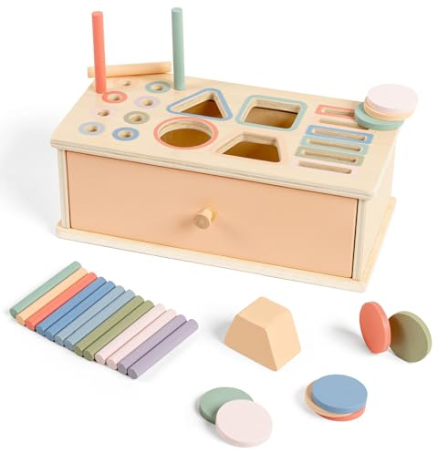 LTFIOON Jouet Montessori 3-en-1 en Bois à partir de 1 an - Jeu d'Encastrement & de Tri avec Boîte de Rangement | Jouet d'Éveil Couleurs et Formes 1-3 ans, Jouet Sensoriel Motricité Fine Cadeau Enfant