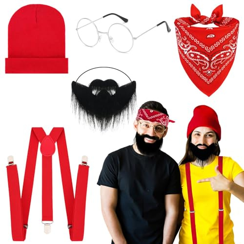 Mizijia Set di Costumi di Halloween da Uomo da 5 pezzi con Occhiali Argentati, Turbante Rosso, Cappello a Forma di Melone, Clip per Cintura e Barba Finta, Perfetto per Giochi di Ruolo o Come Regalo