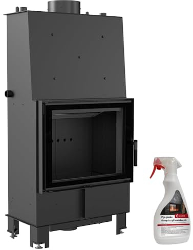 KRATKI Lucy Holzkamin mit Warmwasserbereiter Wärmetauscher BImSchV 2 konform 16 kW Thermischer Wirkungsgrad 84% Stahl Schwarz Thermotec Auskleidung Dekorglas 138 x 85 cm mit Kaminscheibenreiniger