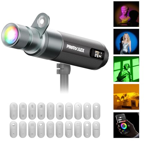 PHOTOOLEX PRO 12W Portable RGB Photography Spotlight, 360 ° Full Color Photography Flashlight Gobo Light, Conical Optical Snoot Kit with 20 Metal Filters/9000mAh/3 Lens/CRI 96+/12 Effects, APP Control