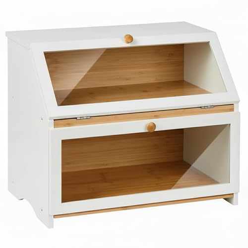 SG Traders Double Decker Bamboo Bread Bin 2-Layer Bread Box Eco-Friendly Kitchen Storage Box with Lid for Freshness Natural, Organic, and Sustainable Food Storage Solution (Modern - White)
