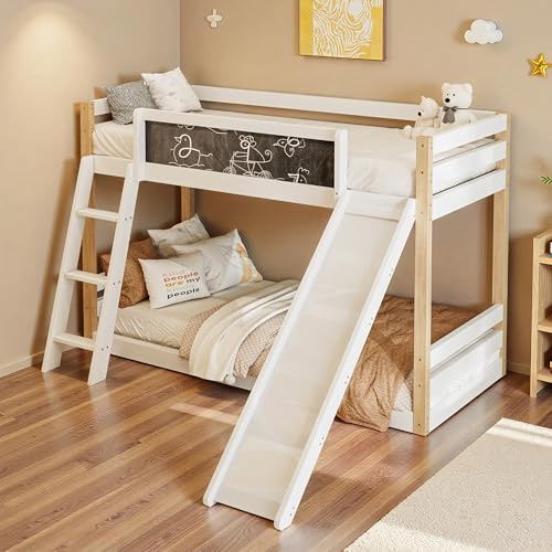 Seyakany Lit superposé pour Enfants avec Toboggan et escalier,Lit Mezzanine avec Porte de sécurité à Quatre côtés,Cadre de lit 90x200 Robuste en Bois + PB, adapté aux Matelas 90×200/90×190 cm,Blanc