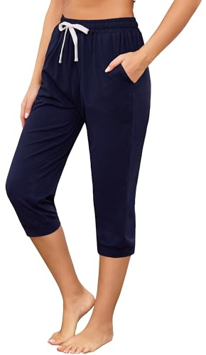 Vlazom Pantalon de Pyjama Femme 7/8 Coton Élastique avec Cordon Blanc et Poches, Confortable et Léger