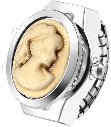 JewelryWe Ringuhr Damen Elastische Fingeruhr Vintage Analog Quarz Fingerringuhr mit Kamee-Motiv Dehnbarer Metallband Ring Uhr Uhrenring