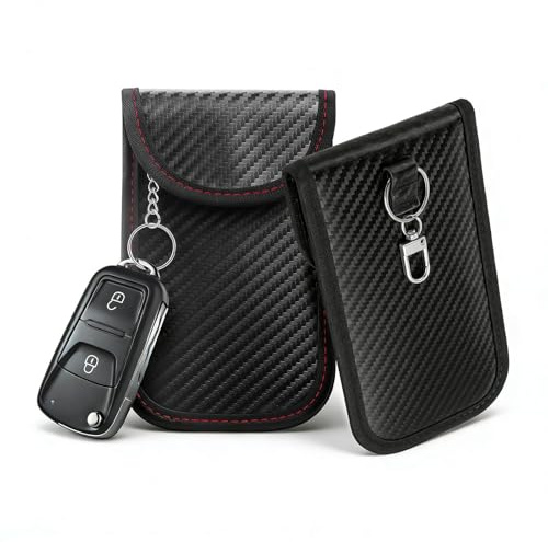 Binazon Faraday Key Fob Protector (2 Pack), RFID Blocking Faraday Bag for Car Keys (3.5'' × 5.7''), Anti-Theft Signal Blocking Pouch for Key Fob Security (Black & Red)