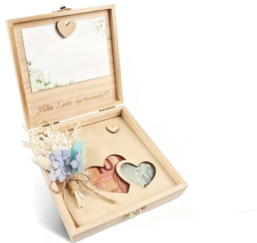 Edle Holz-Geschenkbox für Geldgeschenke zur Hochzeit, Hochzeitsgeschenke für Brautpaar mit Trockenblumen & Grußkarte, Mr & Mrs Liebe Holz-Box, Kreative Geldgeschenk Verpackung für das Brautpaar