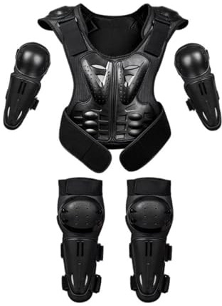M&Catree Unisex barn cykling skyddande pansarjacka med knä och armbågsskydd andas stötsäker utrustning, Svart set, 140