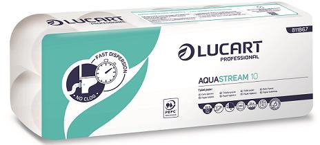 Lucart Professional, AquaStream 10, Carta Igienica a Rotolo ad alta dissolvenza in pura cellulosa, 10 Rotoli da 200 strappi per confezione, 9,5x11 cm (L'imballaggio può variare)