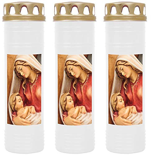 HScandle Lot de 3 bougies funéraires - Blanc - Durée de combustion : env. 7 jours par bougie - Motif Marie avec enfant