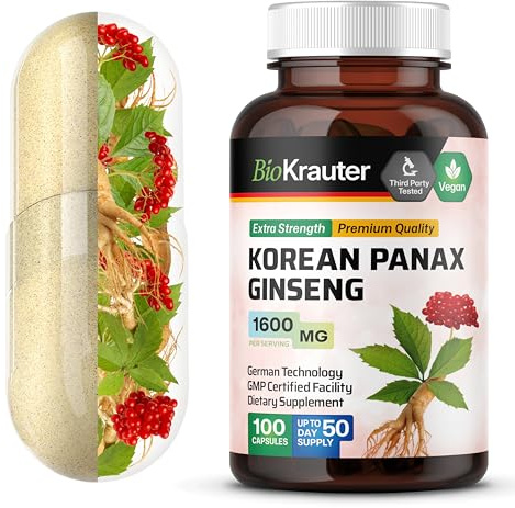 BIO KRAUTER Korean Red Ginseng Capsules - 1600 mg Strength - 100 Count - Korean Panax Ginseng Supplement - Vegan Immune Supplement