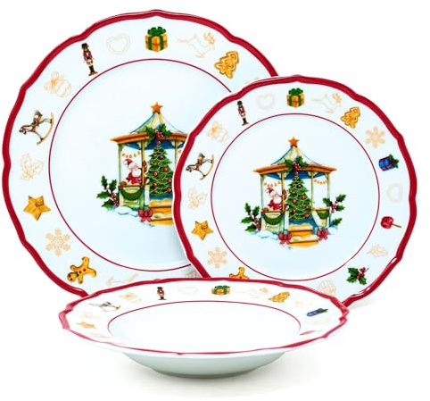 NAMAI - Servizio Piatti 6 Persone Natalizio, Porcellana Elegante, Resistenti e Adatti In Lavastoviglie e Microonde, Piatti Natalizi, Idea Regalo (Set Piatti 18 PZ)