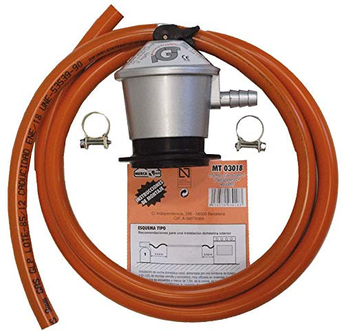Regulador de Gas Butano+ Tubo Goma 1,5 M + 2 Abraz, Gris/Naranja, Metros