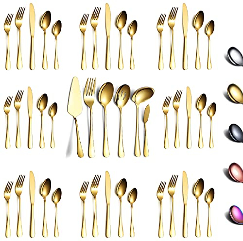 Berglander Besteck-Set, 46-teilig, Edelstahl mit Titan vergoldet, Besteck-Set, 45-teilig, fügen Sie 1 Tortenheber, goldfarben, Besteckset für 8 Personen (glänzendes Gold)
