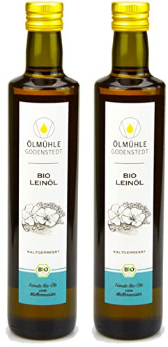 Bio Leinöl 1000ml (2x500ml) 1Liter - stets frisch kaltgepresst aus Bio Leinsaat, milder Geschmack, mit Öko-Strom in Deutschland hergestellt, direkt aus der Ölmühle Godenstedt