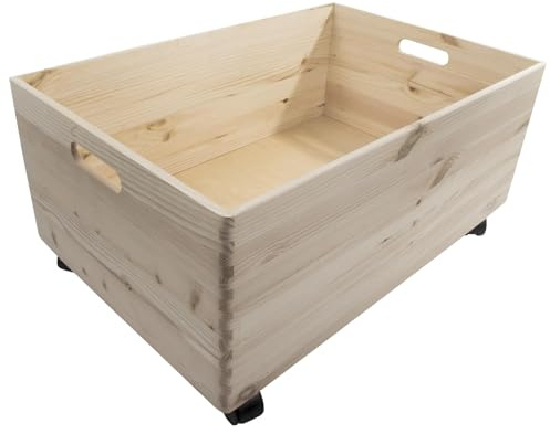 WooDeeDoo Extra-Large Deep Wooden Storage Box with Wheels and Handles – Open-Top Crate Container for Toys Tools Crafts or Household Organisation – Unfinished DIY-Ready Wood – 59.5 x 39.5 x 28.5 cm