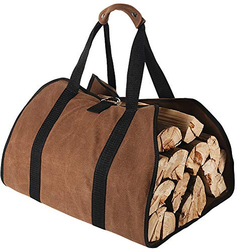 tenn well Canvas Log Carrier Bag, 38x18 Waxed Fireplace Firewood Tote Bag | for Indoor Wood Stoves Outdoor Camping (Brown)
