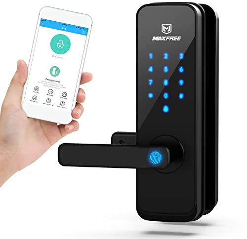 MAXFREE Fingerprint Electronic Door Lock, Keyless Entry Bluetooth Touchscreen Keypad Smart Lock with Reversible Lever and APP for Home, Office, Apartment, Hotel or Garage (Black)