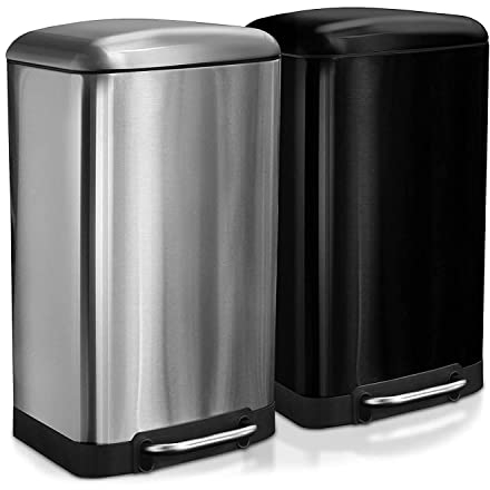 Cubo de Basura de Acero Inoxidable 30 L Con Pedal y Descenso Automático - Interior Extraíble Con Asa - Para Cocina - Papelera (Negro)