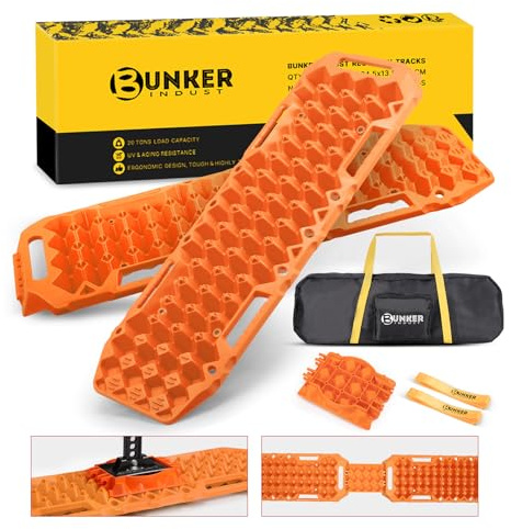 BUNKER INDUST Off-Road Traction Boards with Jack Lift Base,2 Pcs Multifunctional Recovery Track for 4WD UTV SUV Truck-Mud, Snow, Sand Tracks Orange Tire Traction Mat with Carry Bag (Gen 9th)