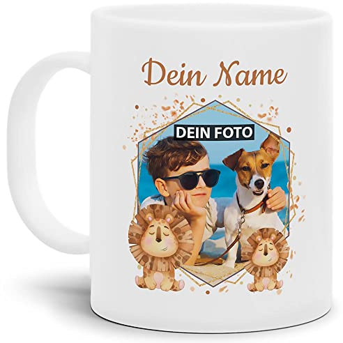 Kinder-Tasse mit Tiermotiv Löwe - mit Foto & Name selbst gestalten - Für Mädchen & Jungen - BPA-freie Kunststoff-Tasse, 300 ml I Personalisiertes Geschenk für Kinder