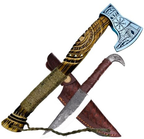 CraftTal-Wikinger Axt 52 cn.mit Rabankopf Messer 2in1set Handgravierter Eichenholz Griff 1095 Kohlenstoffstahl Klinge LARP Beil mit lederschutz Geschenk für männer