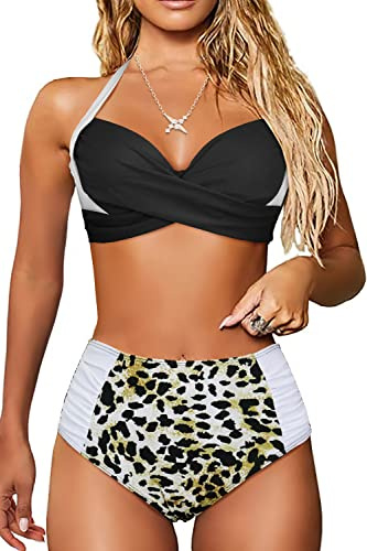 JFAN Bikiniset för kvinnor V-ringade baddräkter för kvinnor 2 delar med push-up BH bikini set strandkläder, leopardmönster, M