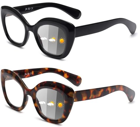 JM 2 Pack Occhiali da Lettura Fotocromatici per Donna, Occhi di Gatto Che Bloccano La Luce Blu per Computer, Cerniera a Molla Nero & Tartaruga +1.5