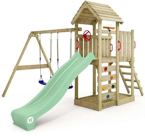 Wickey Wooden climbing frame MultiFlyer with wooden roof, swing set & slide, Outdoor kids playhouse with sandpit, climbing ladder & play-accessories for the garden - green pastel