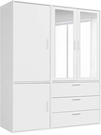 mokebo Kleiderschrank mit Spiegeltüren 4-türig & 3 Schubladen 'Der Grenzenlose', Spiegelschrank, Schlafzimmerschrank, Garderobenschrank mit Spiegel in Weiß, Schrank aus Holz in 150x187x58 (BxHxT)
