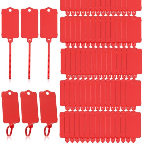 LeonBach Lot de 100 étiquettes d'expédition en plastique, 3,7 x 6,3 cm, étiquettes imperméables inscriptibles à suspendre avec sangle d'étanchéité, étiquettes d'attache de câble pour clés, bagages