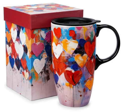 Topadorn Ceramic Travel Mug 17oz with Lid and Handle, Red Heart | Microwave & Dishwasher Safe, Cup Holder Friendly, Large Coffee Tea Cup with Handle, Commute Office Home Use, Gift-Ready Box