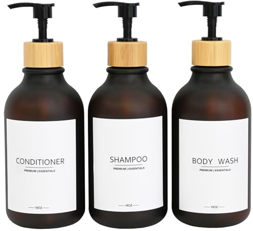 Frosted Plastic Shampoo and Conditioner Bottles, Apothecary Dispenser Bamboo Pump, Refillable Bottles for Shower Lotion, Oil, Hand Soap, Sanitizer, Liquid Soap, Set of 3 with 9 Labels (3, Matte Amber)