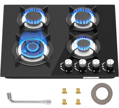 VELPAX Placa de Gas,Placa de cocción a gas 4 fuegos, autosuficientecon protección térmica automática,Cocina empotrable vidrio,convertible NG/LPG,7800 watt