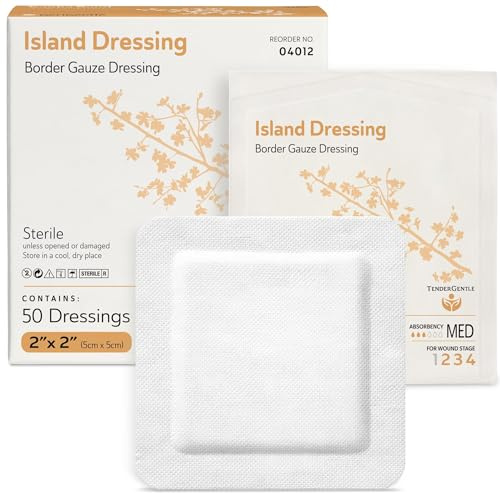 TenderGentle Island Dressing Bordered Gauze 5 x 5 cm - 50 Gauze Sterile Bandages for Wound Protection - Good for Hospitals, Medical Facilities, First Aid Kits, and More