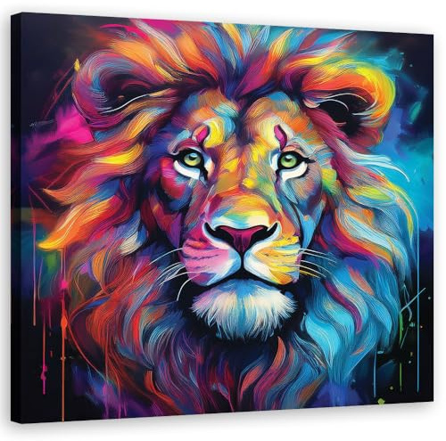 Feeby Leinwand Bilder - Bild Wohnzimmer - Löwe Pop Art Bunt Abstrakt - 50x50 1tlg - Deko Schlafzimmer Groß - Dekoration Canvas - Gemälde - Modern Wandbilder - Kunstdruck