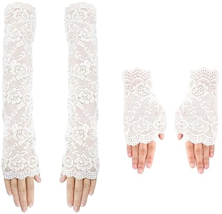 XDGBGFN 2 Paar Spitze Fingerlose Handschuhe, Lang und Kurz Schwarze Fischnetz Handschuhe 80er-Jahre Retro Party Abschlussball Teeparty Kostüm Zubehör (Weiß, Standard)