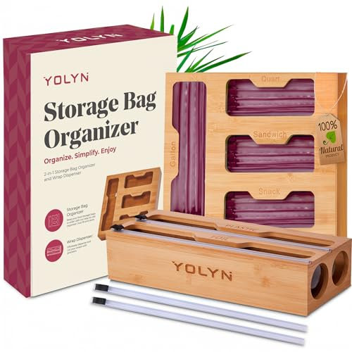 YOLYN Bamboo Food Storage Bag Organizer for Drawer with Foil & Plastic Wrap Dispenser – 4 in 1 Premium Kitchen Drawer Organizer for Gallon, Quart & Sandwich Bags