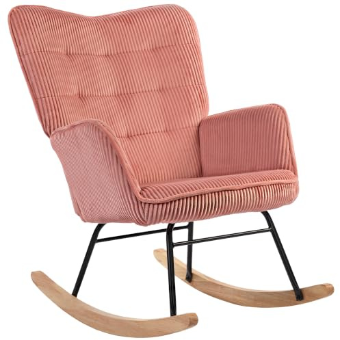 HOMCOM Schaukelstuhl mit Kordimitat Armlehne bis 120kg Rosa | Schaukelsessel, Gepolsterter Sessel mit Hoher Rückenlehne, Holzkufen, Moderner Relaxsessel, Wohnzimmer, Schlafzimmer