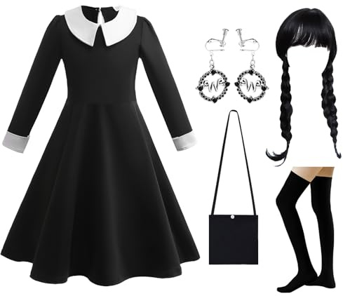 Gothic Kleid Mädchen Kostüm Kinder 110-160cm, Filmheldin Cosplay Kostüm Set Karneval Kostüm Mädchen Mit Perücke Ohrringe Tasche Socken, Kinder Faschingskostüm Mädchen für Karneval Halloween Party