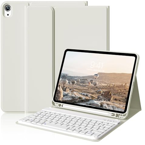 ZOYU Case with Keyboard for iPad Air 11 Inch (M4/M3/M2) 2026/2025/2024 | For iPad Air 5th/4th Gen 10.9 Inch 2022/2020, Detachable Wireless Keyboard, Slim Smart Cover with Pencil Holder, White Cream