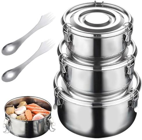 GBKDQQ Brotdose Edelstahl, 3 Pack Edelstahl Behälter Mit Deckel, Dose Auslaufsicher, Rund Metall Brotdose mit Göffel Perfekt für Kühlschrank, Camping Ausflüge, Salate (500ml/1000ml/1500ml)